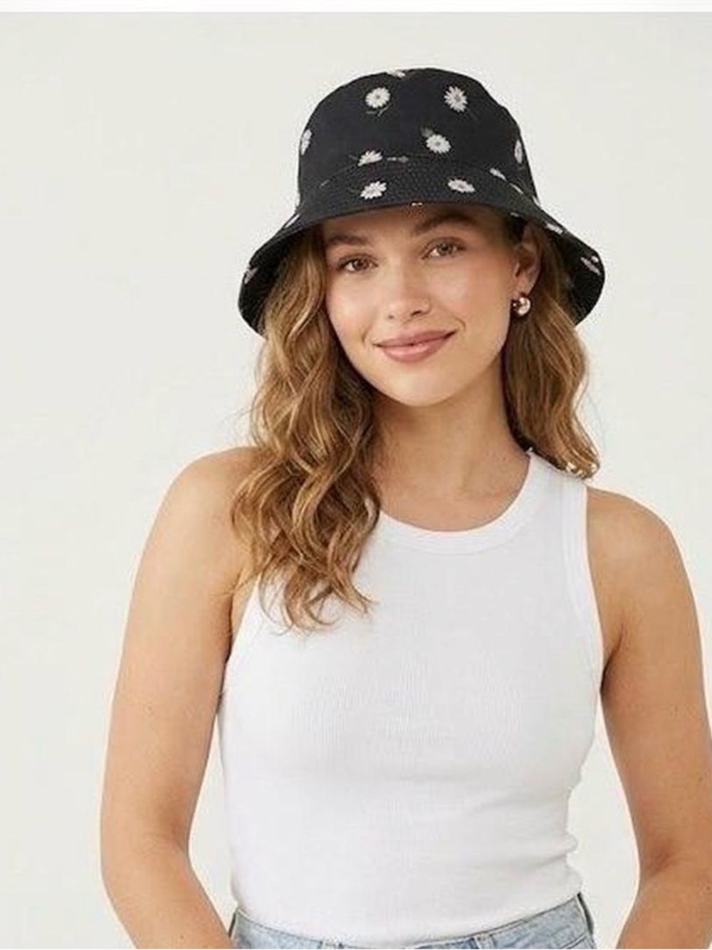 Alice + Olivia Black Bucket Hat with White Daisy Print